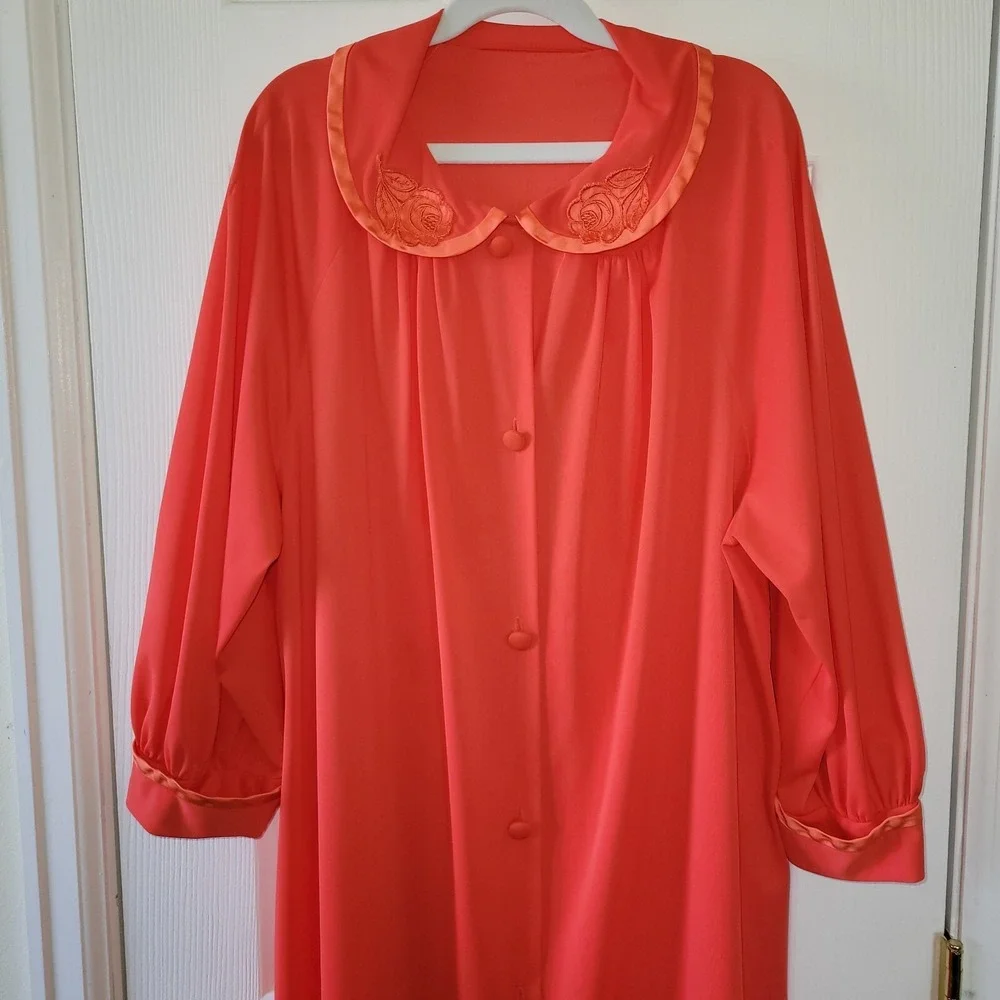 Nylon Robe Satin Trim‎ M Orange 3/4 Sleeve Gossard Artemis Button Front Vintage